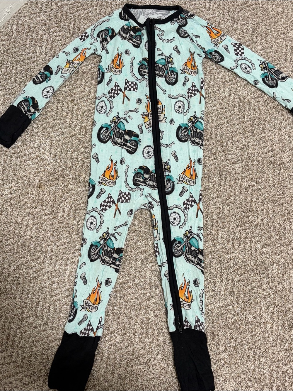 Little Legends Motorcycle Print One-Piece Pajamas - Mint with Black Trim